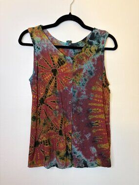 KIRAT Tie Dye Button Front Tank Top Blouse Boho Multi-Color Size F